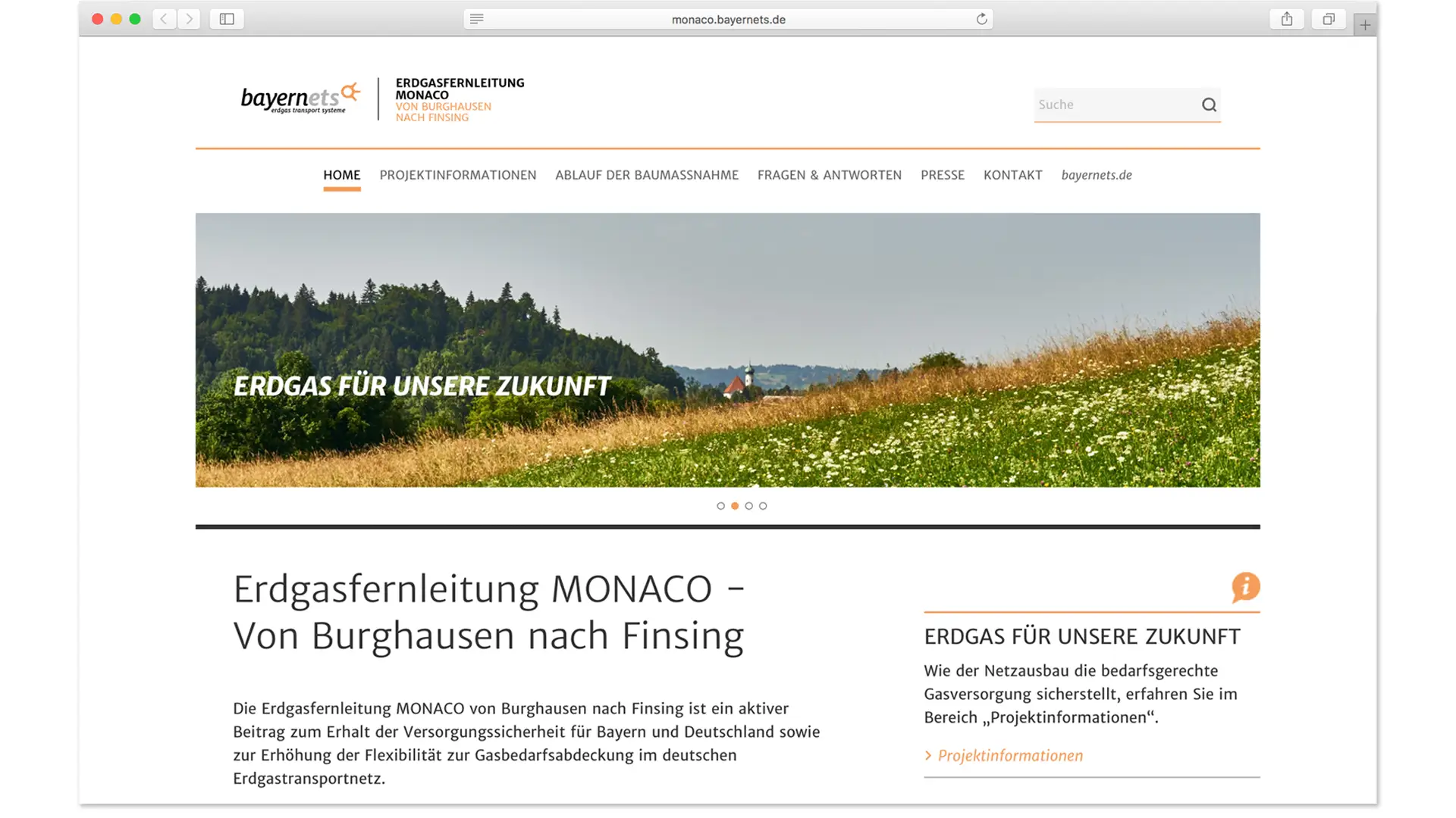 Screenshot: Microsite zum Bau der MONACO Pipeline