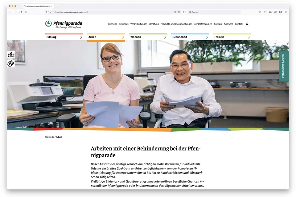 Pfennigparade: Screenshot Landingpage „Arbeit“