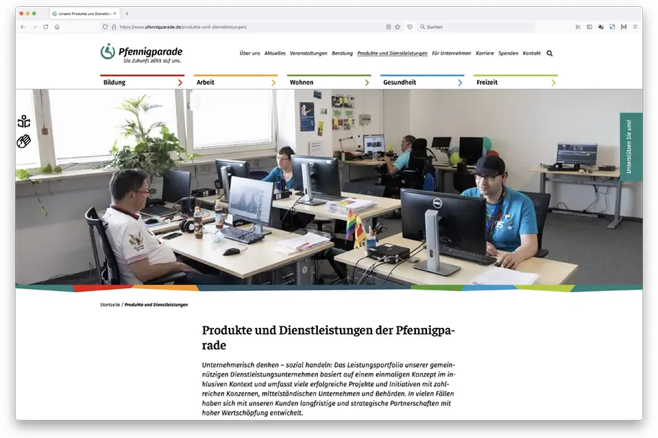 Pfennigparade: Screenshot Landingpage „Produkte & Dienstleistungen“