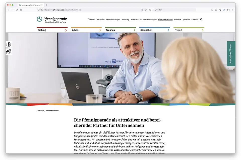 Pfennigparade: Screenshot Landingpage „Unternehmen“