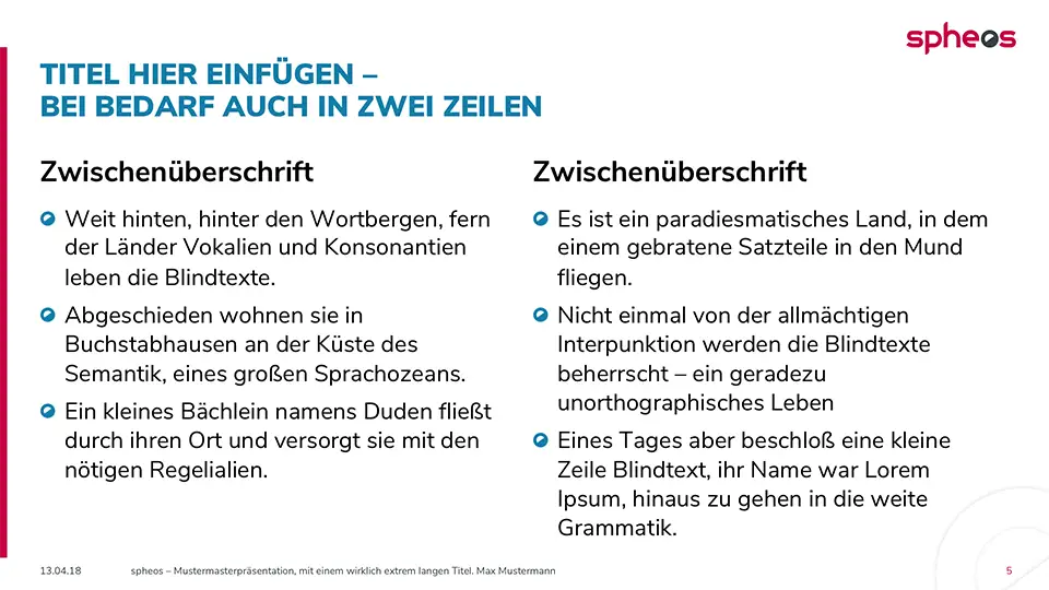 Branding Spheos: Powerpoint Folie mit zweispaltigem Text