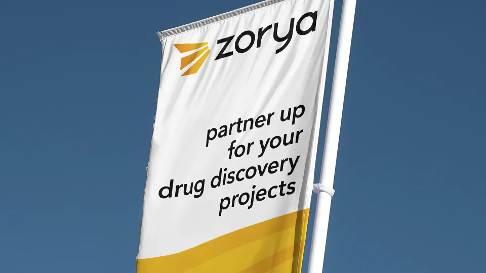 Weiße Fahne mit dem Firmenlogo und Schriftzug 'Zorya' in Schwarz sowie dem Slogan 'partner up for your drug discovery projects', gestaltet von einer Designagentur für eine starke visuelle Markenpräsenz. Der untere Bereich der Fahne zeigt eine gelbe grafische Welle als Designelement. Die Fahne weht an einem weißen Mast vor klarem blauem Himmel – ein Beispiel dafür, wie eine Designagentur durch gezielte Gestaltung die Identität und Außenwirkung eines Unternehmens verstärkt.