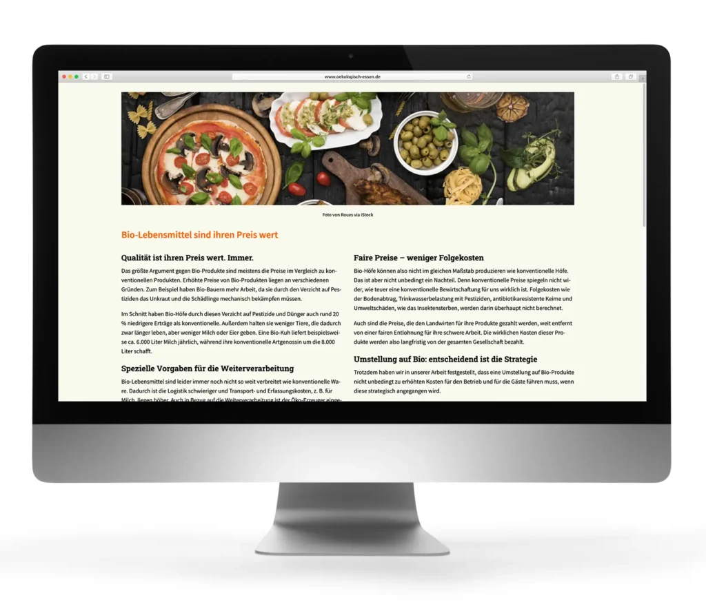 Branding NGO: Website der Bund Naturschutz Projektstelle Ökologisch Essen – Desktop Ansicht