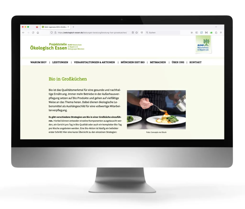 Branding NGO: Website der Bund Naturschutz Projektstelle Ökologisch Essen – Desktop Ansicht