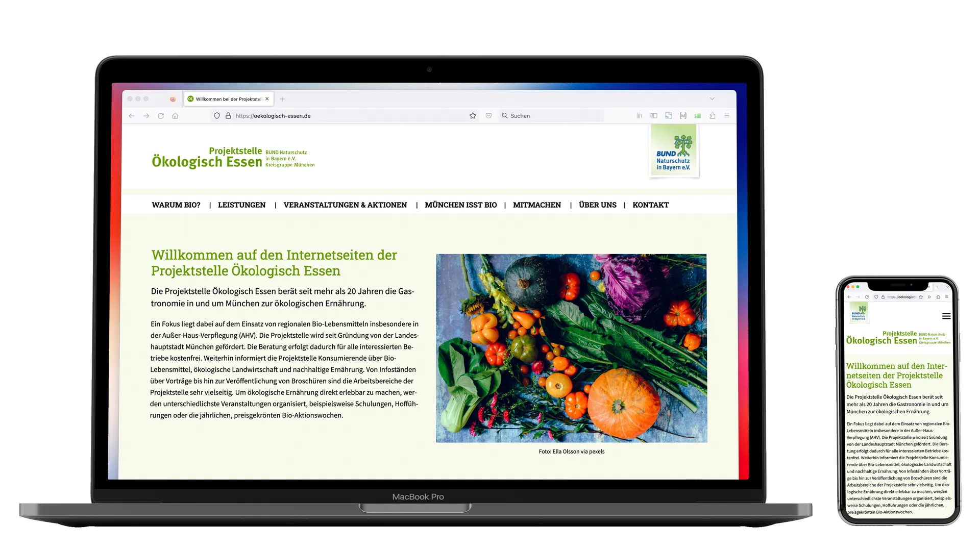 Branding NGO: Website der Bund Naturschutz Projektstelle Ökologisch Essen – Laptop und Mobile Ansicht