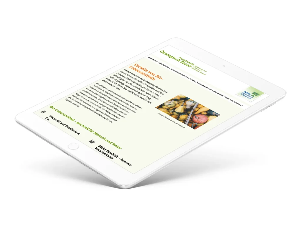 Branding NGO: Website der Bund Naturschutz Projektstelle Ökologisch Essen – Tablet Ansicht