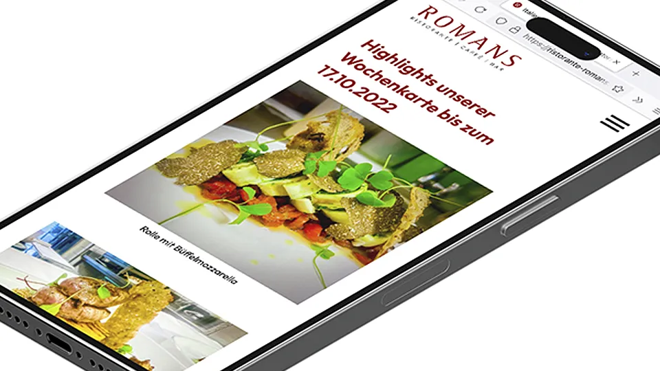 Smartpohne-Ansicht der Website des Ristorante ROMANS