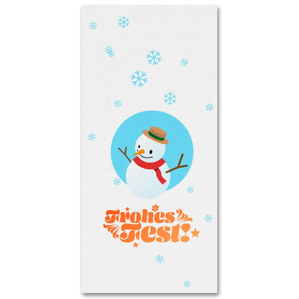 Weihnachtskarte mit Schneeman-Illsutration und Text „Frohes Fest“ – Motivansicht