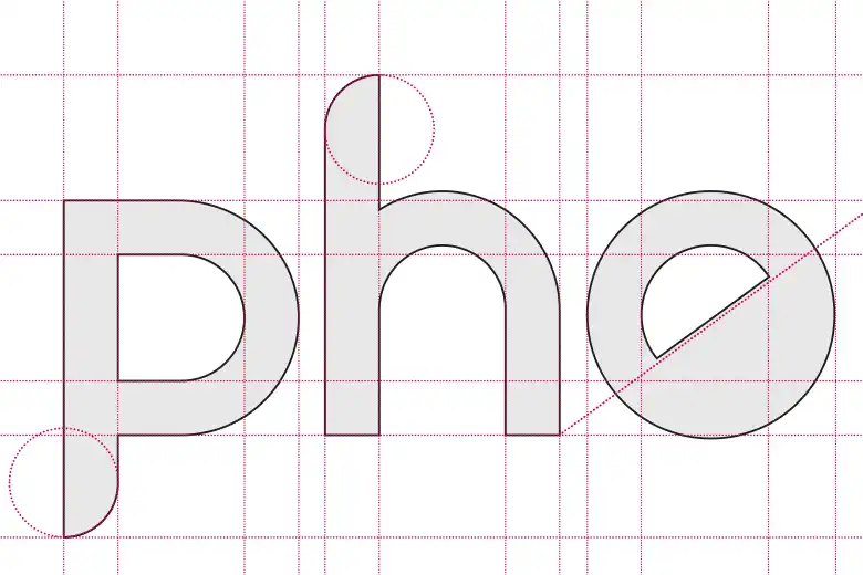 Individualisierte Buchstaben p, h, o, mit Abrundungen vor Konstruktionslinien