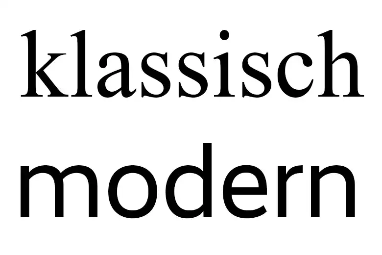 Illustration der Auswahl der passenden Schriftart. Wort „klassisch“ in Antiqua-Schrift, „modern“ in Grotesk-Schrift