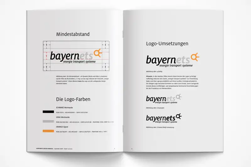 Doppelseite Styleguide mit Logo-Vorgaben.