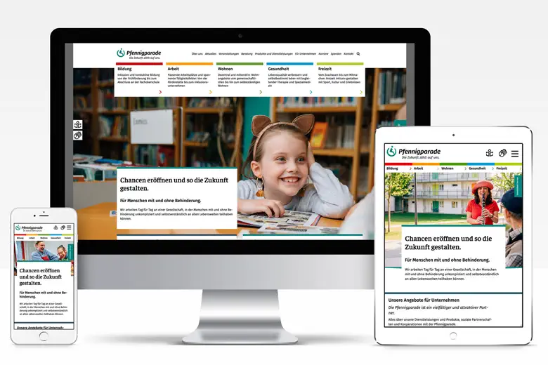 Website der Pfennigparade auf Desktop, Tablet und Handy.