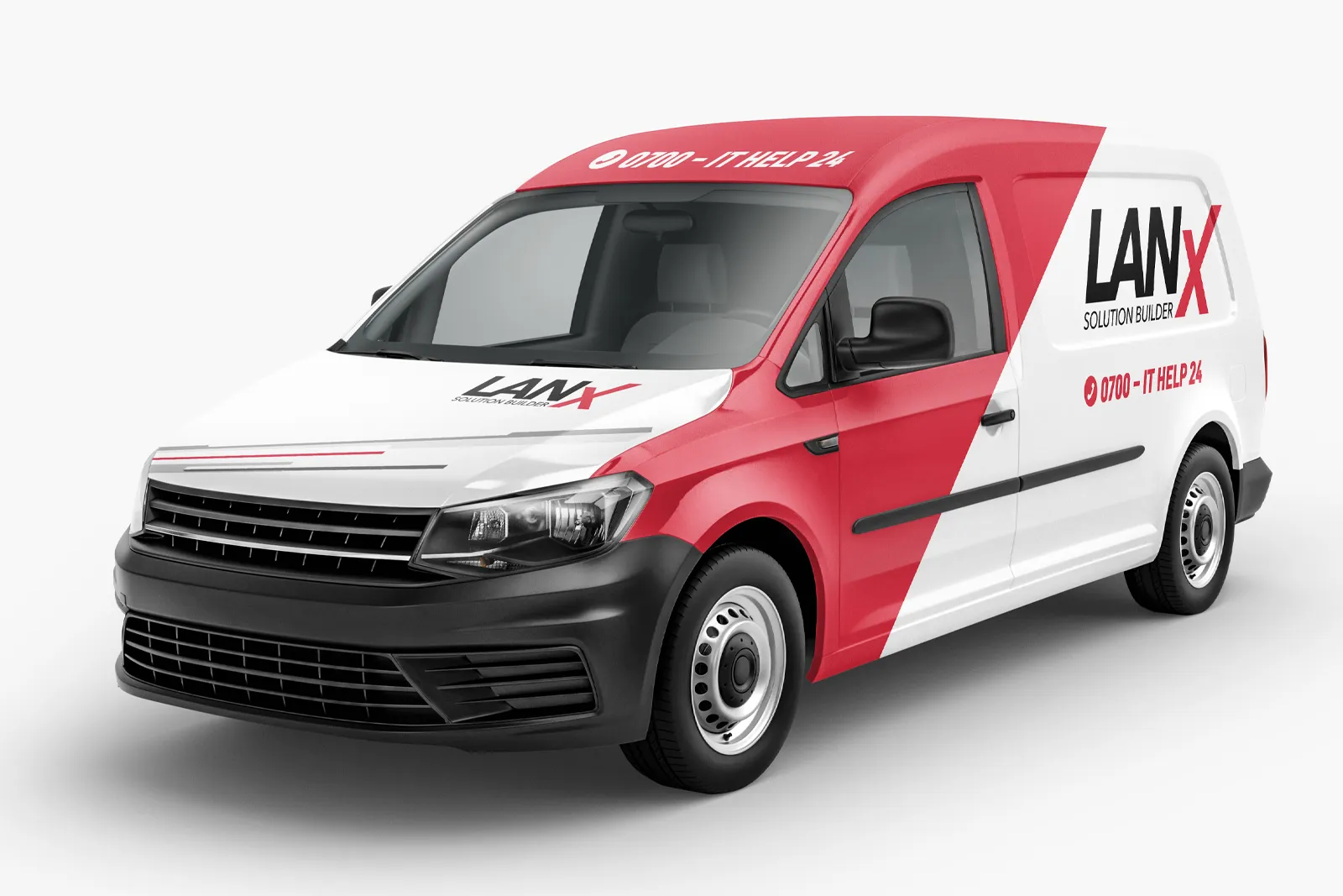 Geschäftsausstattung: Transporter mit Logo und Telefonnummer