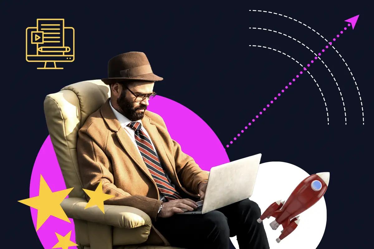Kreative Collage eines Mannes im braunen Mantel, Hut und Brille, der in einem beigen Sessel sitzt und auf einem Laptop arbeitet – ein Sinnbild für innovative Gestaltung durch eine Designagentur. Der dunkle Hintergrund mit grafischen Elementen wie einer pinken und weißen Kreishälfte, einer roten Rakete, gelben Sternen und einer gestrichelten pinken Linie mit Pfeil nach oben vermittelt Dynamik und Kreativität. Links oben ein gelbes Icon eines Bildschirms mit Dokument und Stift – Symbol für Designprozesse und visuelle Kommunikation, die durch eine Designagentur entwickelt werden.