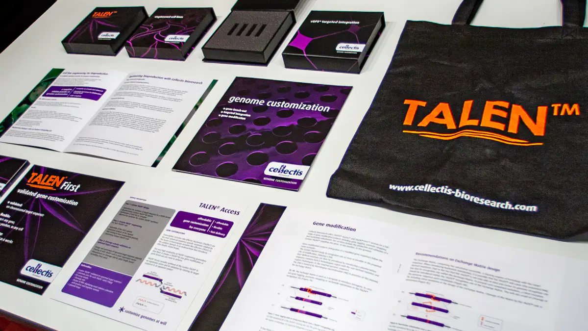 Marketingmaterialien des Unternehmens 'Cellectis' für die TALEN™-Technologie, entwickelt im Rahmen eines Corporate Designs durch die Corporate Design Agentur MWIMMERDESIGN für eine einheitliche visuelle Markenpräsenz. Auf einem Tisch sind verschiedene Broschüren, Flyer, Verpackungen und eine schwarze Stofftasche mit orangefarbenem TALEN™-Logo und der Website-Adresse 'www.cellectis-bioresearch.com' ausgelegt. Die Broschüren und Flyer enthalten Texte und Diagramme zur Genmodifikation mit Schlagwörtern wie 'genome customization' und 'validated gene customization'. Das Design nutzt eine dunkle Farbpalette mit Lila- und Schwarznuancen sowie Akzenten in Orange und Weiß, wodurch eine starke, markenspezifische visuelle Identität geschaffen wird. Hochwertig gestaltete Verpackungen, darunter eine mit Schaumstoffeinlage für Laborutensilien, unterstreichen die professionelle Umsetzung eines durchdachten Corporate Designs.