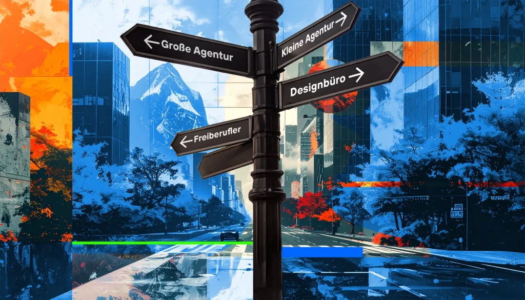Wegweiser mit Hinweisen zu großen Agenturen, kleinen Agenturen, Designbüros und Freiberuflern vor urbaner, kontrastreicher Kulisse.