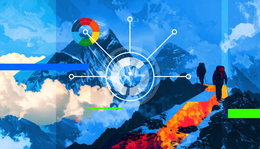 Illustration von zwei Bergsteigern mit Rucksäcken, die einen farblich markierten Pfad auf einen Berg hinaufsteigen. Im Hintergrund sind dramatische Wolken und weitere Berggipfel sichtbar. Überlagert ist eine futuristische Benutzeroberfläche mit kreisförmigen Diagrammen, Datenpunkten und Verbindungslinien, die auf Technologie und Analyse hindeuten.