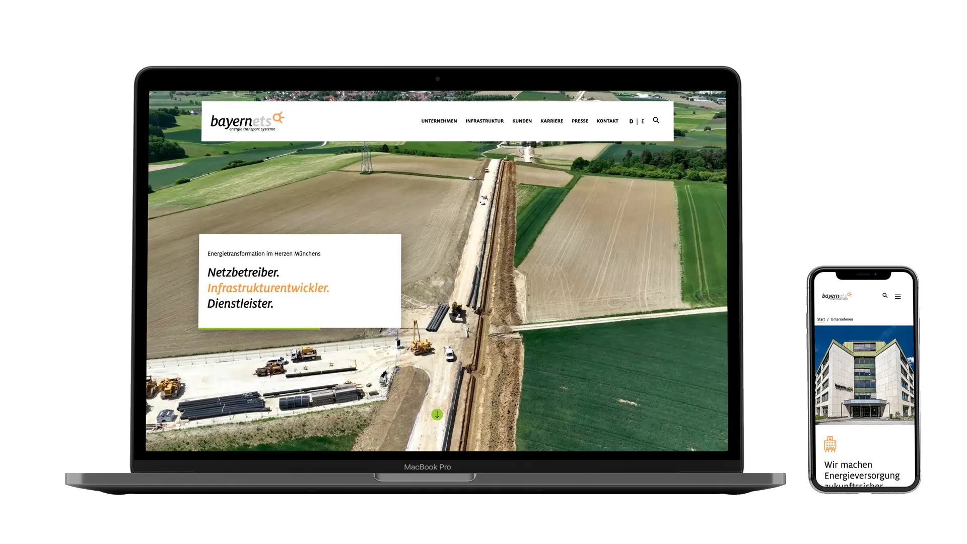 Website Redesign: Home page on a laptop and the “Company” page on a smartphone