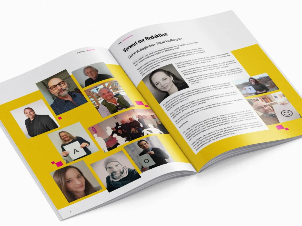 Open anniversary brochure from Jobcenter München. The left page features a collage of portrait photos of various people, while the right page shows the editorial foreword with text, images and yellow graphic elements.