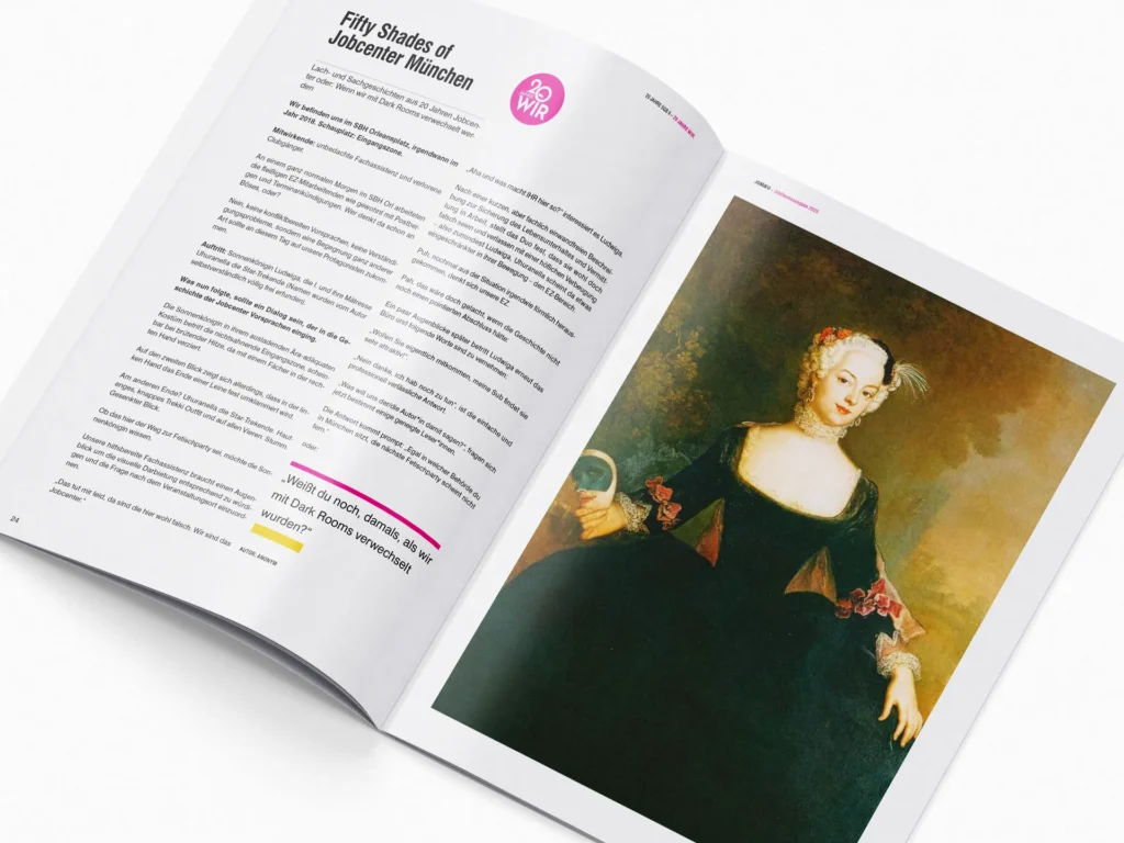 Open anniversary brochure from Jobcenter München. The left page contains the article “Fifty Shades of Jobcenter München”, while the right page features a historical painting of a woman in a dark dress.