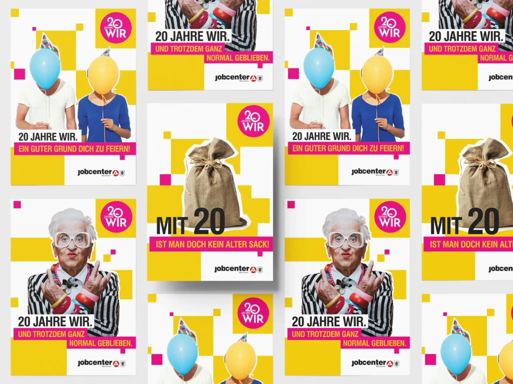 Mock-up of a poster series celebrating the 20th anniversary of Jobcenter München. Repeated designs feature people with balloons, an older woman and a burlap sack in a yellow, pink and white colour scheme.